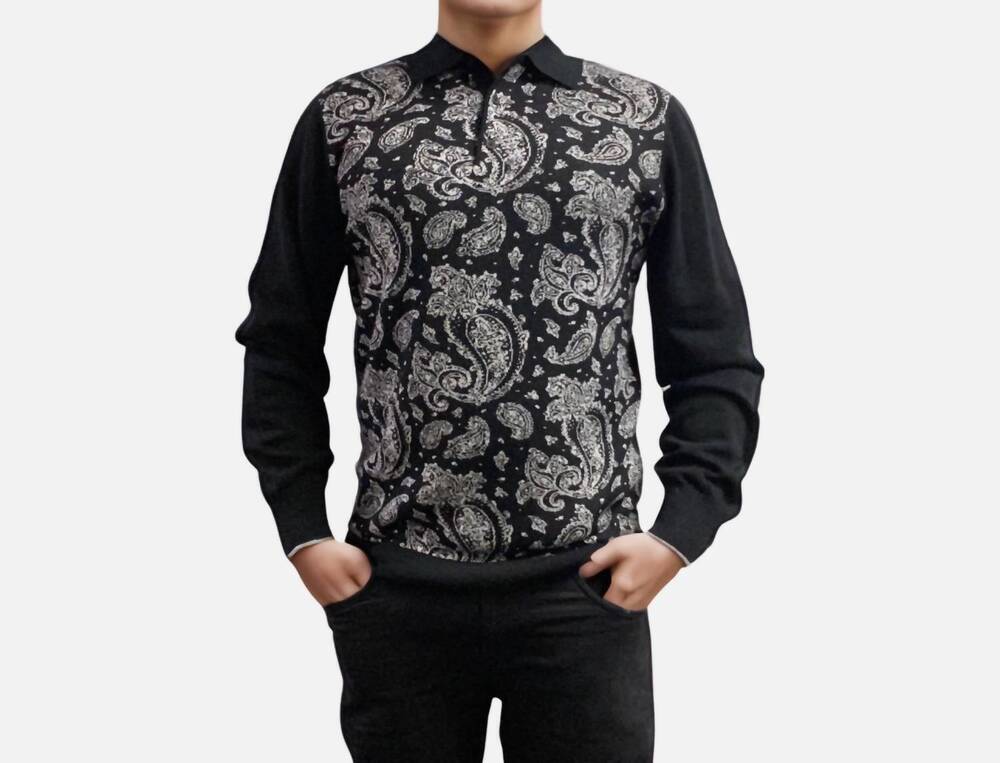 NEW CIGAR paisley polo collar sweater in black